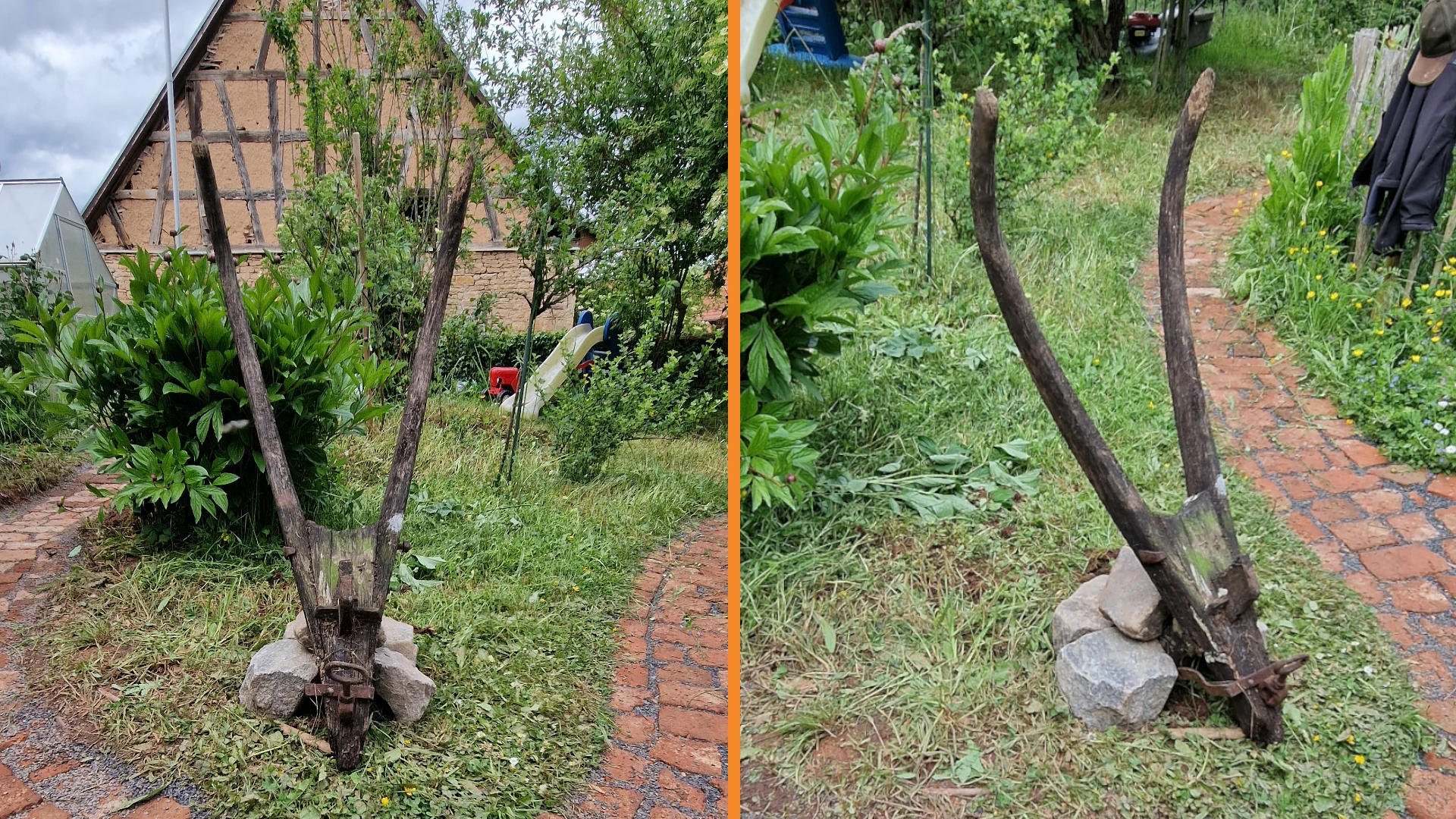 Art im Garten. Gefundener alter Pflug wird als Dekoelement im Garten integriert.